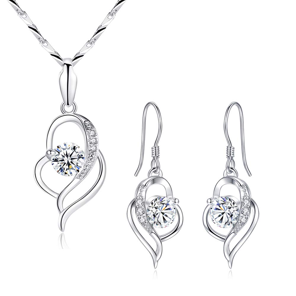 Silver Jewellery Set for Women, 925 Sterling Silver Heart Dangle Drop Earrings & 45cm Necklace Pendant Set, with White Cubic Zirconia, Jewellery for Mother Wife Girlfriend for Bridal Bridesmaid