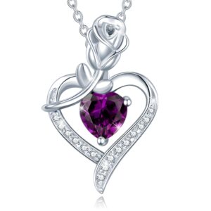 agvana february birthstone jewelry amethyst necklace for women sterling silver rose flower heart pendant necklace fine jewelry anniversary birthday gifts for women wife lady her