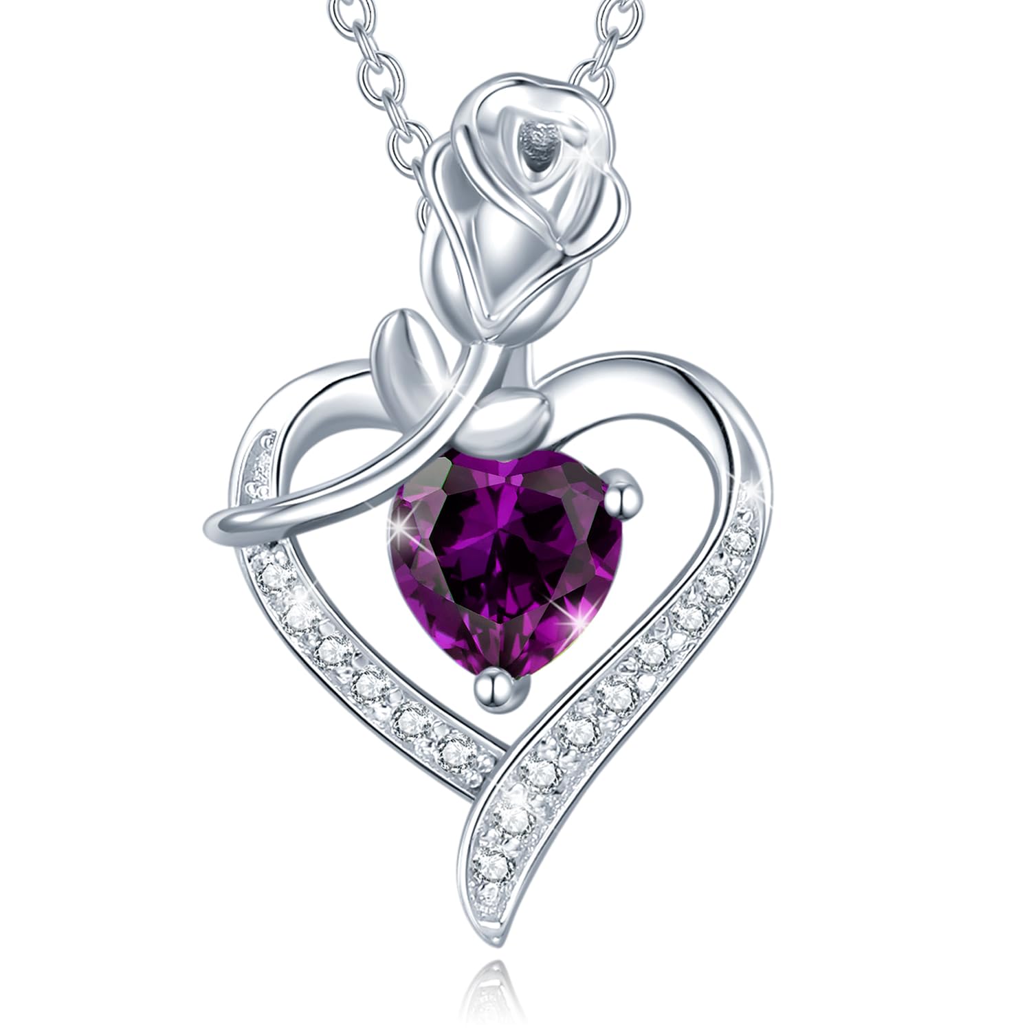 AGVANA February Birthstone Jewelry Amethyst Necklace for Women Sterling Silver Rose Flower Heart Pendant Necklace Fine Jewelry Anniversary Birthday Gifts for Women Wife Lady Her