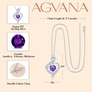 AGVANA February Birthstone Jewelry Amethyst Necklace for Women Sterling Silver Rose Flower Heart Pendant Necklace Fine Jewelry Anniversary Birthday Gifts for Women Wife Lady Her