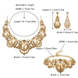 BriLove Women's Teardrop Crystal Statement Necklace Cluster Hollow Dangle Earrings Chain Bracelet Bib Jewellery Set for Wedding Bride Bridesmaid Champagne Gold-Toned