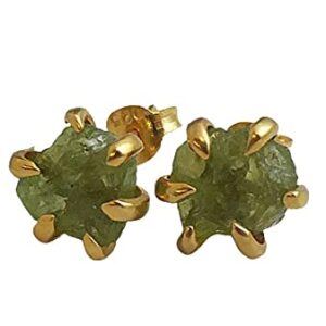 Handmade Large 6-8mm Raw Peridot Gem Sterling Silver Stud Earrings - Gemstone Jewelry Gift Ideas for Women - March Birthstone (yellow-gold-plated-silver)