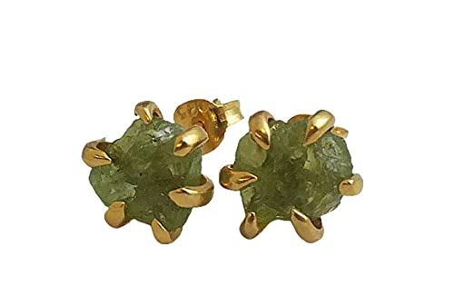 Handmade Large 6-8mm Raw Peridot Gem Sterling Silver Stud Earrings - Gemstone Jewelry Gift Ideas for Women - March Birthstone (yellow-gold-plated-silver)