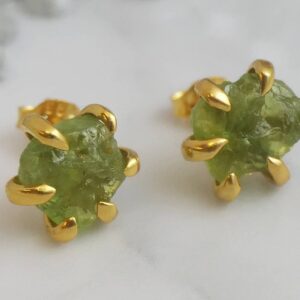 Handmade Large 6-8mm Raw Peridot Gem Sterling Silver Stud Earrings - Gemstone Jewelry Gift Ideas for Women - March Birthstone (yellow-gold-plated-silver)