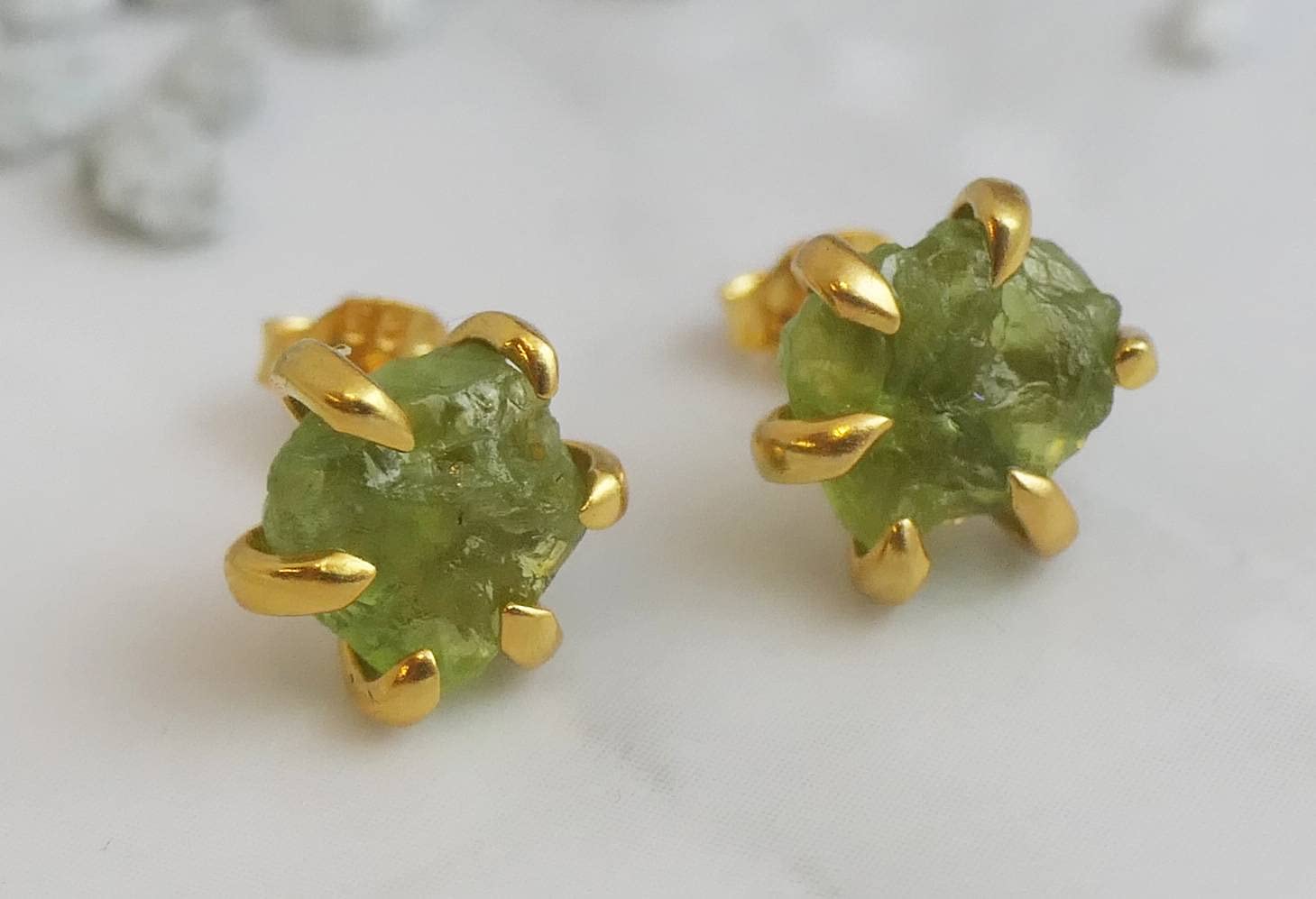 Handmade Large 6-8mm Raw Peridot Gem Sterling Silver Stud Earrings - Gemstone Jewelry Gift Ideas for Women - March Birthstone (yellow-gold-plated-silver)