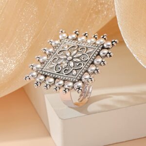 Boho Vintage Square Flower Statement Ring for Women Girls White Gold Plated Engrave Flowers Geometric Rings Comfort Fit Dainty Birthday Christmas Party Jewelry Gift Size 6-8