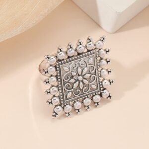 Boho Vintage Square Flower Statement Ring for Women Girls White Gold Plated Engrave Flowers Geometric Rings Comfort Fit Dainty Birthday Christmas Party Jewelry Gift Size 6-8