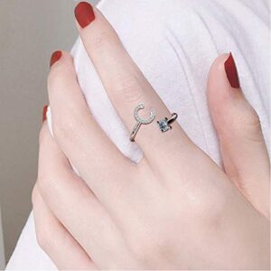 Haoze Initial Letter Ring for Women Silver Stackable Alphabet Rings with Initial Adjustable Crystal Inlaid Initial Rings Bridesmaid Gift(C)