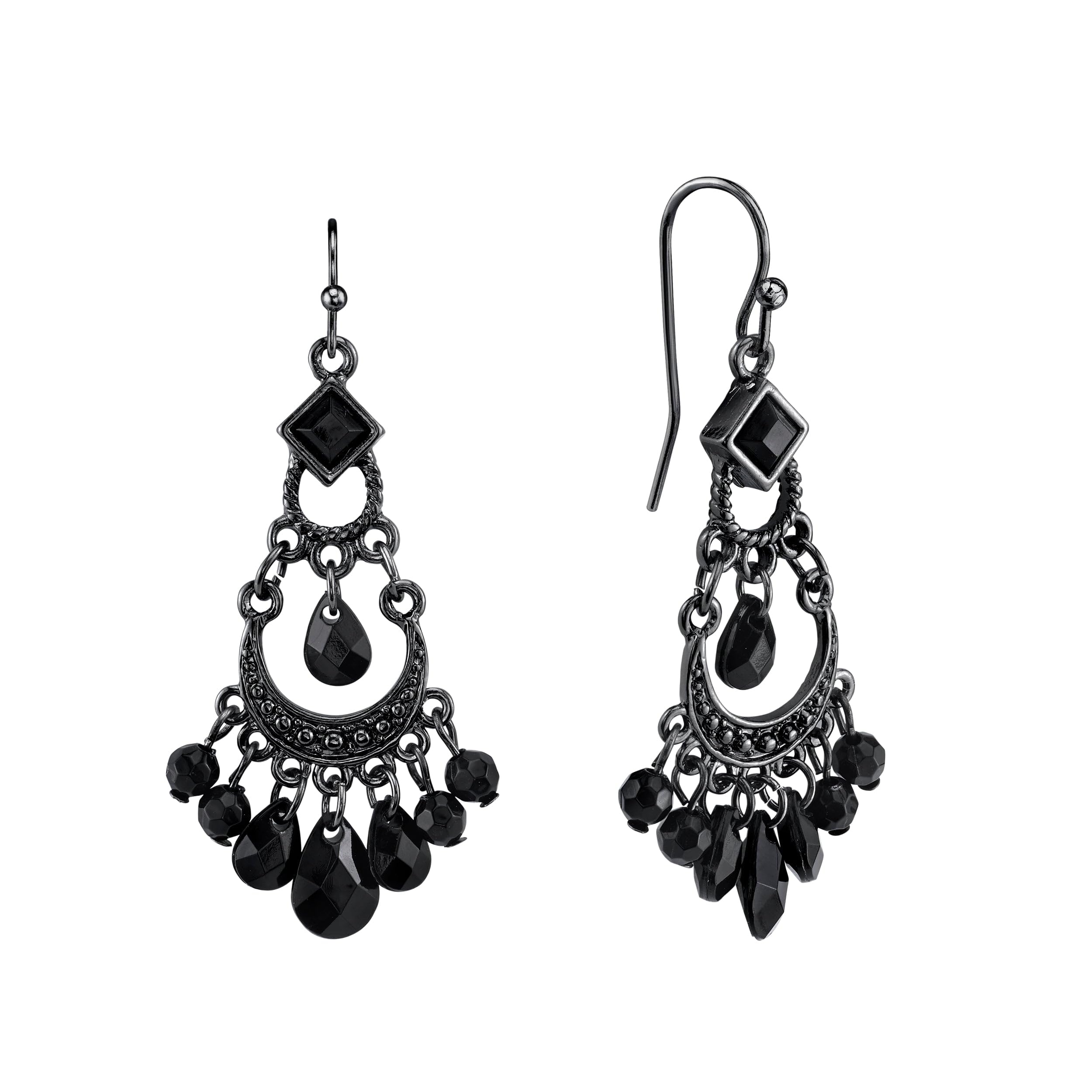 1928 Jewelry Women's Black Briolette Beads & Crystal Crescent Chandelier Earrings