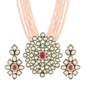jewarhaat indian bollywood gold-plated pearls studded & beaded long jewellery set for women (kundan inspired, peach)