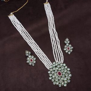 JewarHaat Indian Bollywood Gold-Plated Pearls Studded & Beaded Long Jewellery Set For Women (Kundan Inspired, Peach)