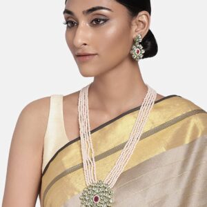 JewarHaat Indian Bollywood Gold-Plated Pearls Studded & Beaded Long Jewellery Set For Women (Kundan Inspired, Peach)