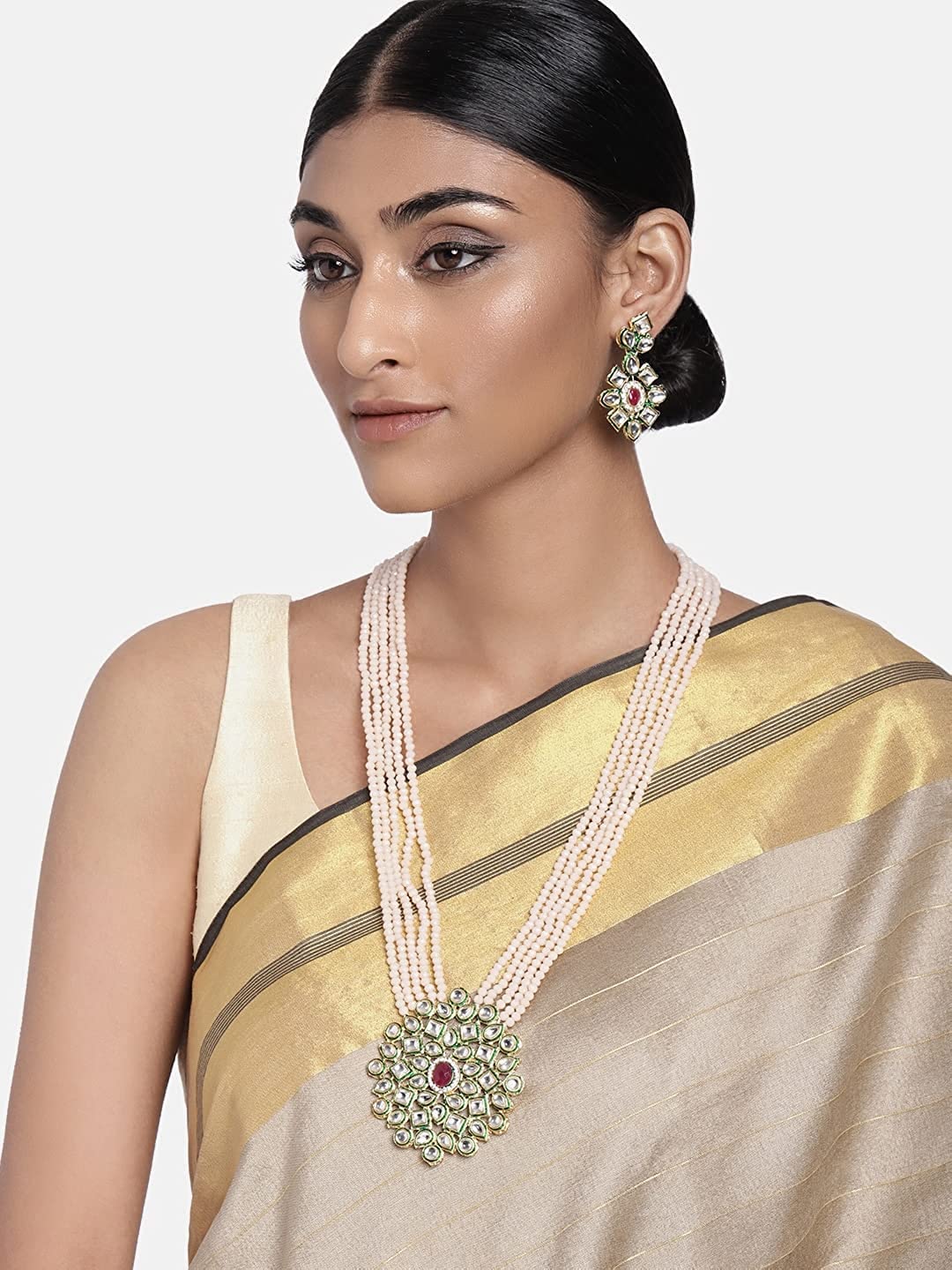 JewarHaat Indian Bollywood Gold-Plated Pearls Studded & Beaded Long Jewellery Set For Women (Kundan Inspired, Peach)