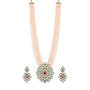 JewarHaat Indian Bollywood Gold-Plated Pearls Studded & Beaded Long Jewellery Set For Women (Kundan Inspired, Peach)