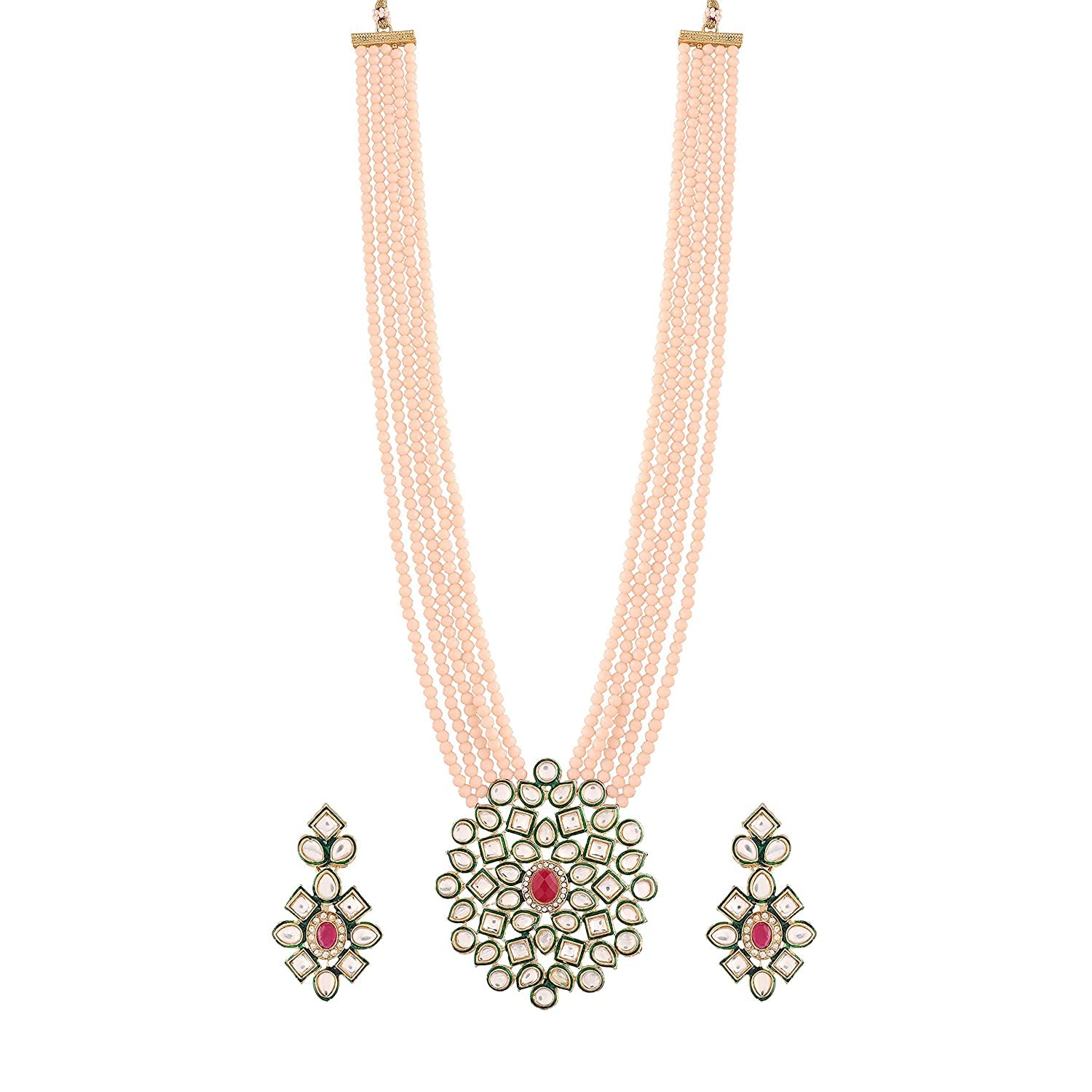 JewarHaat Indian Bollywood Gold-Plated Pearls Studded & Beaded Long Jewellery Set For Women (Kundan Inspired, Peach)