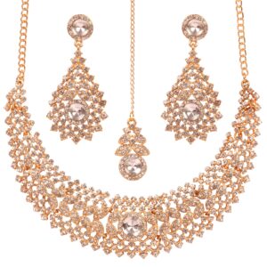 NEW! Touchstone Indian Bollywood Charming Workmanship Handcrafted Scintillating Faux Rhinestones Rivoli Shape Designer Jewelry Grand Bridal Hasli Necklace Set In Gold Tone For women.