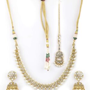 Priyaasi Kundan Indian Jewellery Set for Women with Mang Tikka | Gold-Plated | Floral-Leaf Design | Pearl Drop | Indian Bridal Jewelry Set for Wedding | Jhumka Earrings | White & Golden