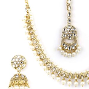 Priyaasi Kundan Indian Jewellery Set for Women with Mang Tikka | Gold-Plated | Floral-Leaf Design | Pearl Drop | Indian Bridal Jewelry Set for Wedding | Jhumka Earrings | White & Golden