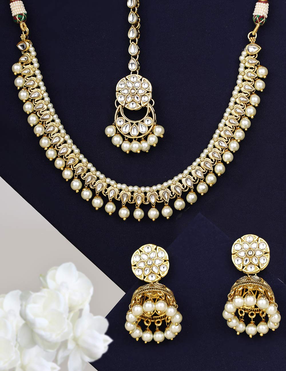 Priyaasi Kundan Indian Jewellery Set for Women with Mang Tikka | Gold-Plated | Floral-Leaf Design | Pearl Drop | Indian Bridal Jewelry Set for Wedding | Jhumka Earrings | White & Golden