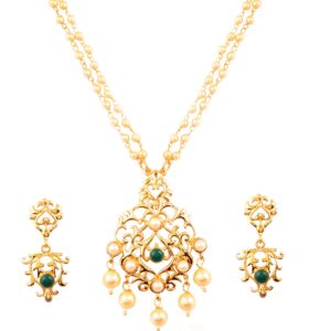 touchstone new contemporary kundan collection indian bollywood sober and classy look traditional kundan polki faux pearls faux emerald long designer jewelry pendant set in gold tone for women.