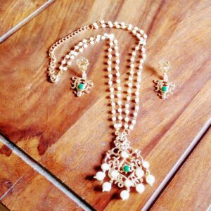 Touchstone NEW Contemporary Kundan Collection Indian Bollywood Sober and Classy Look Traditional Kundan Polki Faux Pearls Faux Emerald Long Designer Jewelry Pendant Set in Gold Tone for Women.