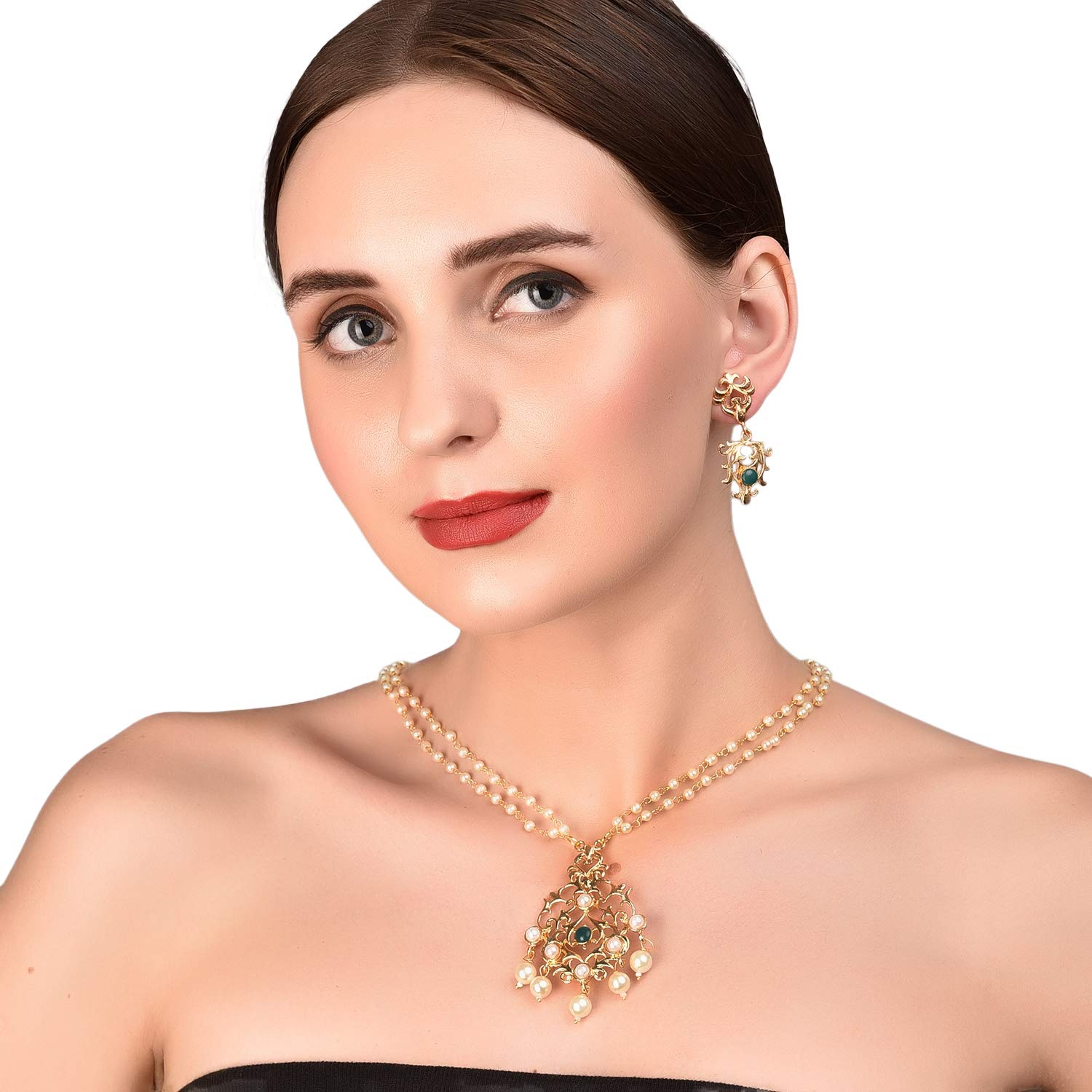 Touchstone NEW Contemporary Kundan Collection Indian Bollywood Sober and Classy Look Traditional Kundan Polki Faux Pearls Faux Emerald Long Designer Jewelry Pendant Set in Gold Tone for Women.