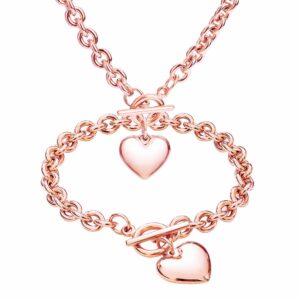 silver 18k gold rose gold plated charm chunky stainless steel chain heart toggle choker bracelet necklace set for womens fashion valentine jewelry set