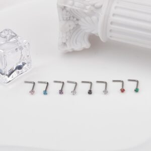 Enticera 2mm G23 Titanium Nose Rings Studs for Sensitive Skin 20g Handmade Small L Shaped Nose Rings for Women Men Round CZ Nose Piercing Jewelry White