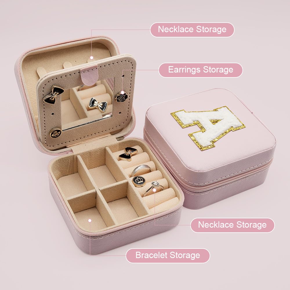 WWDAY Small Travel Jewellery Box, Fashion Jewellery Box, Pink Jewellery Box for Girls,Alphabet Jewelry Box（Pink-A）， Halloween and Christmas Gifts, Gift for Girlfriends, Wedding Gift