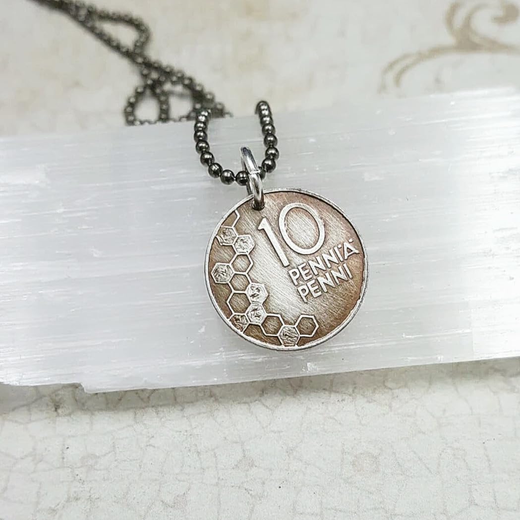 Tiny LILY of the VALLEY necklace. Finland coin necklace. Flower necklace. Finnish jewelry. Lily necklace. Honeycomb. Coin jewelry.