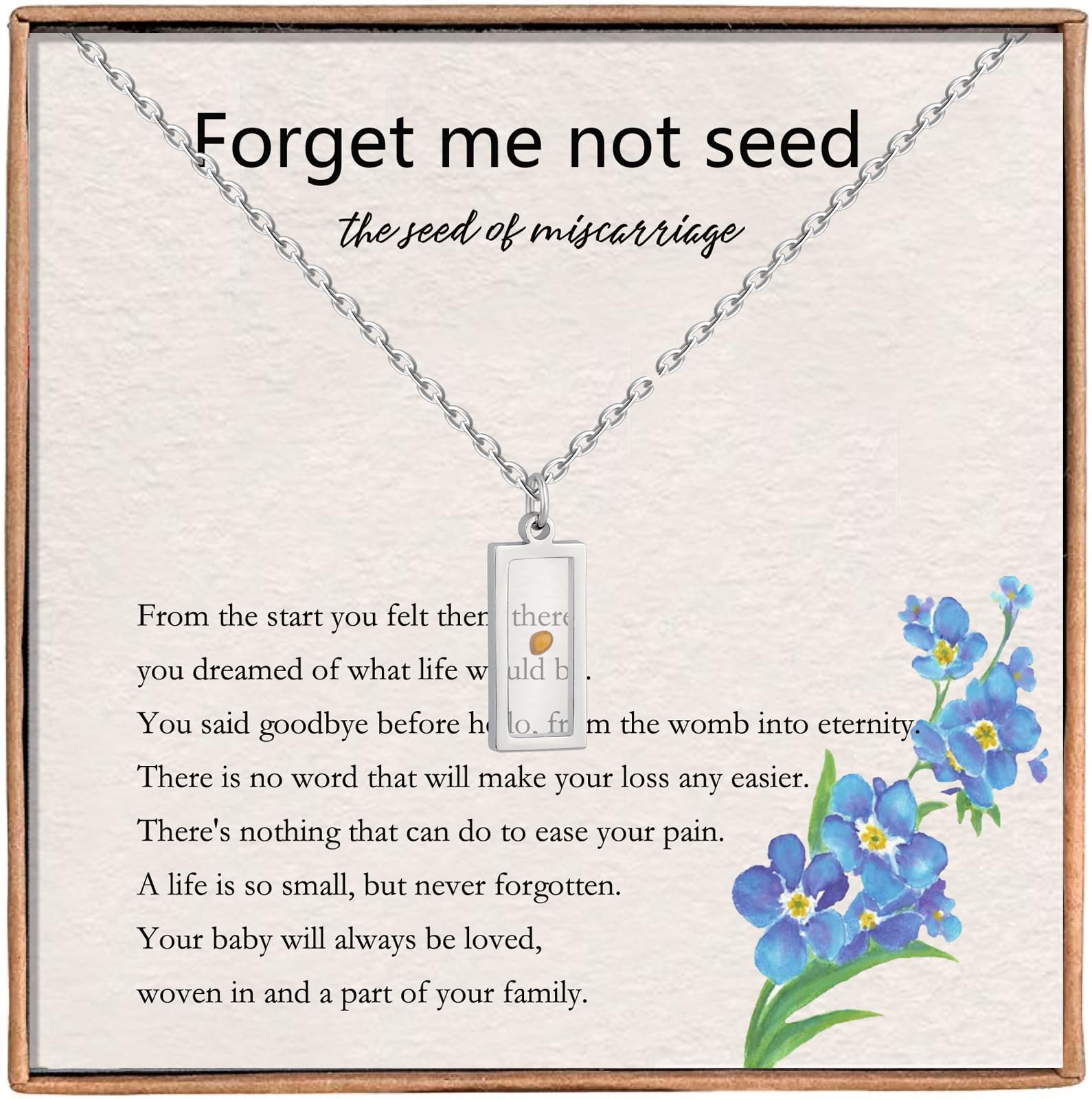 Haoze Miscarriage Gifts for Mothers Forget Me Not Seed Necklace Baby Loss Grief Sympathy Gift Child Loss Memorial Gifts Jewelry (Miscarriage Necklace-Rectangle-Silver)