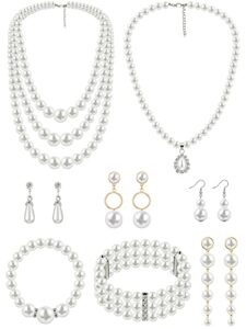 8 pcs pearl necklace earrings set for women, includes simulated pearl bracelet faux pearl necklace dangle earrings (bright style)
