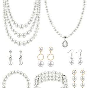 8 Pcs Pearl Necklace Earrings Set for Women, Includes Simulated Pearl Bracelet Faux Pearl Necklace Dangle Earrings (Bright Style)