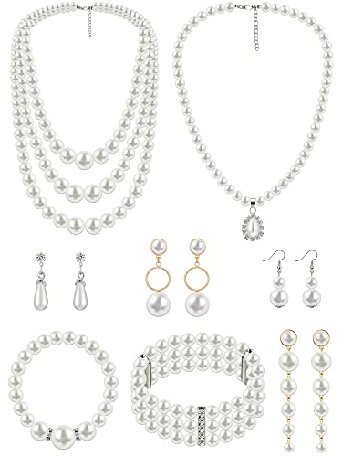 8 Pcs Pearl Necklace Earrings Set for Women, Includes Simulated Pearl Bracelet Faux Pearl Necklace Dangle Earrings (Bright Style)