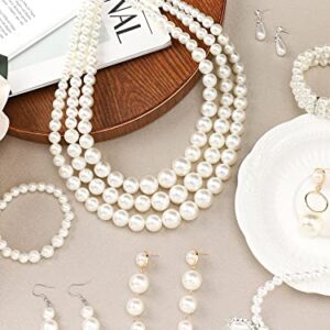 8 Pcs Pearl Necklace Earrings Set for Women, Includes Simulated Pearl Bracelet Faux Pearl Necklace Dangle Earrings (Bright Style)