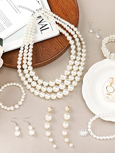 8 Pcs Pearl Necklace Earrings Set for Women, Includes Simulated Pearl Bracelet Faux Pearl Necklace Dangle Earrings (Bright Style)