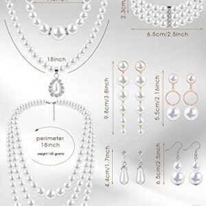 8 Pcs Pearl Necklace Earrings Set for Women, Includes Simulated Pearl Bracelet Faux Pearl Necklace Dangle Earrings (Bright Style)