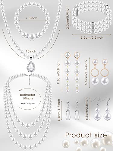 8 Pcs Pearl Necklace Earrings Set for Women, Includes Simulated Pearl Bracelet Faux Pearl Necklace Dangle Earrings (Bright Style)