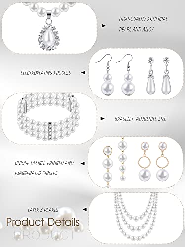 8 Pcs Pearl Necklace Earrings Set for Women, Includes Simulated Pearl Bracelet Faux Pearl Necklace Dangle Earrings (Bright Style)