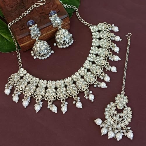 Efulgenz Choker Necklace Earrings and Maangtikka Set Indian Oxidized Jewelry Antique Boho Faux Kundan Pearl Crystal Stone Necklace Manngtikka with Dangle Round Earrings Bohemian Jewelry Set for Women