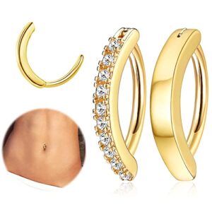 fiasaso 2pcs 14g simple clicker gold belly button ring for women surgical steel gold cz belly ring simple reverse navel rings body jewelry color: gold 10mm