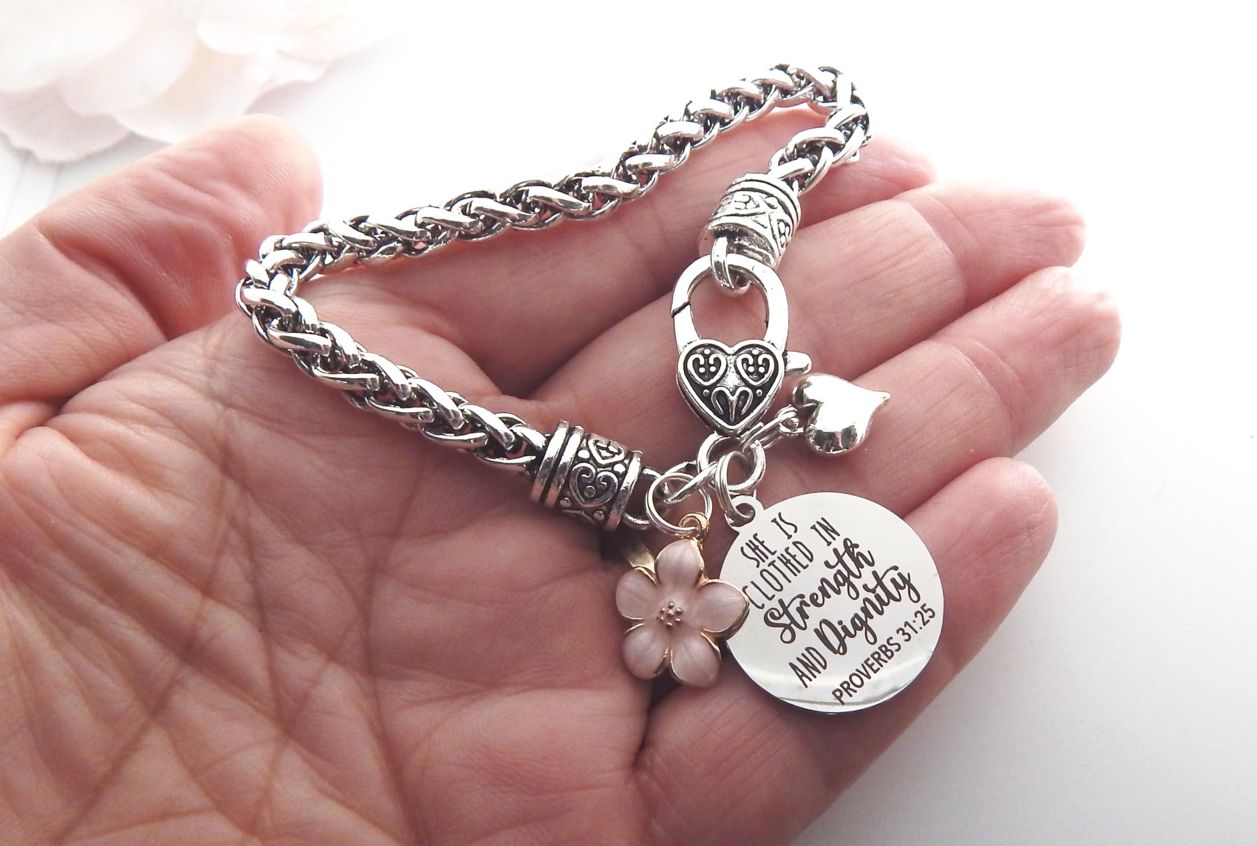 Inspirational Christian Jewelry for Women Proverbs 31:25 She is Clothed in Strength and Dignity Bible Verse Bracelet for Her Scripture Encouragement (PROVERBS 31:25)