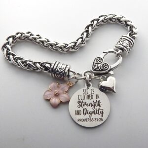 Inspirational Christian Jewelry for Women Proverbs 31:25 She is Clothed in Strength and Dignity Bible Verse Bracelet for Her Scripture Encouragement (PROVERBS 31:25)