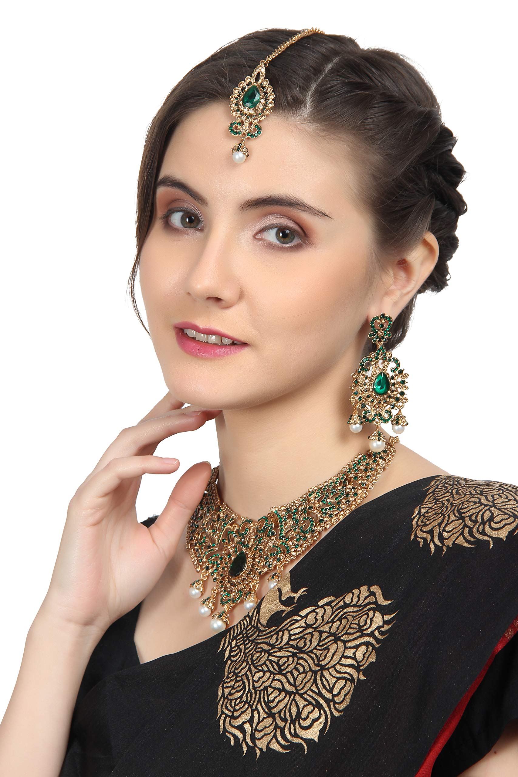 Touchstone New Indian Bollywood Desire Traditional Filigree Faux Green Emerald Color Exclusive Grand Bridal Jewelry Necklace Set in Antique Gold Tone for Women