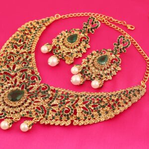 Touchstone New Indian Bollywood Desire Traditional Filigree Faux Green Emerald Color Exclusive Grand Bridal Jewelry Necklace Set in Antique Gold Tone for Women