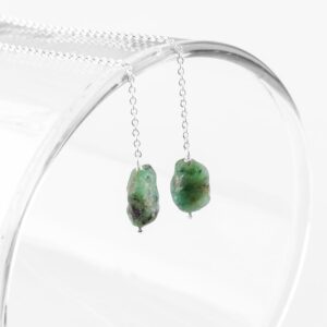 Graduation Gifts Raw Emerald Threader Earrings May Birthstone Natural Gemstone Handmade Silver Plated Chain Hypoallergenic Drop Dangle Earrings Pull Through Piercing Earrings for Women