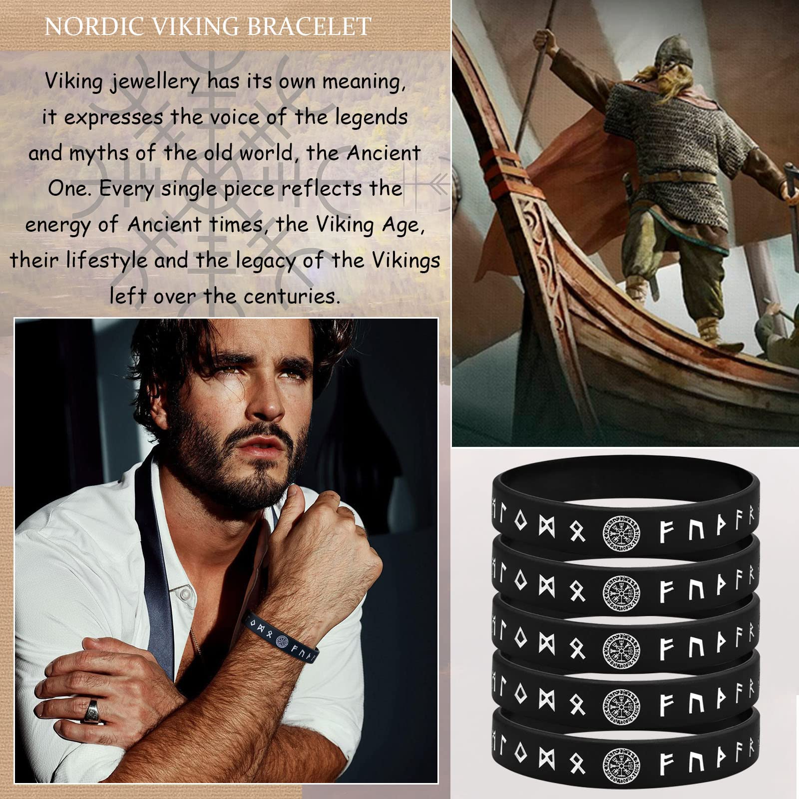 MEALGUET 5 Pieces Viking Bracelet for Men : Black Nordic Viking Runes Wristband Bangle Bracelet for Men Women, Silicone Rubber Band Comfort Fit Viking Jewelry,Black