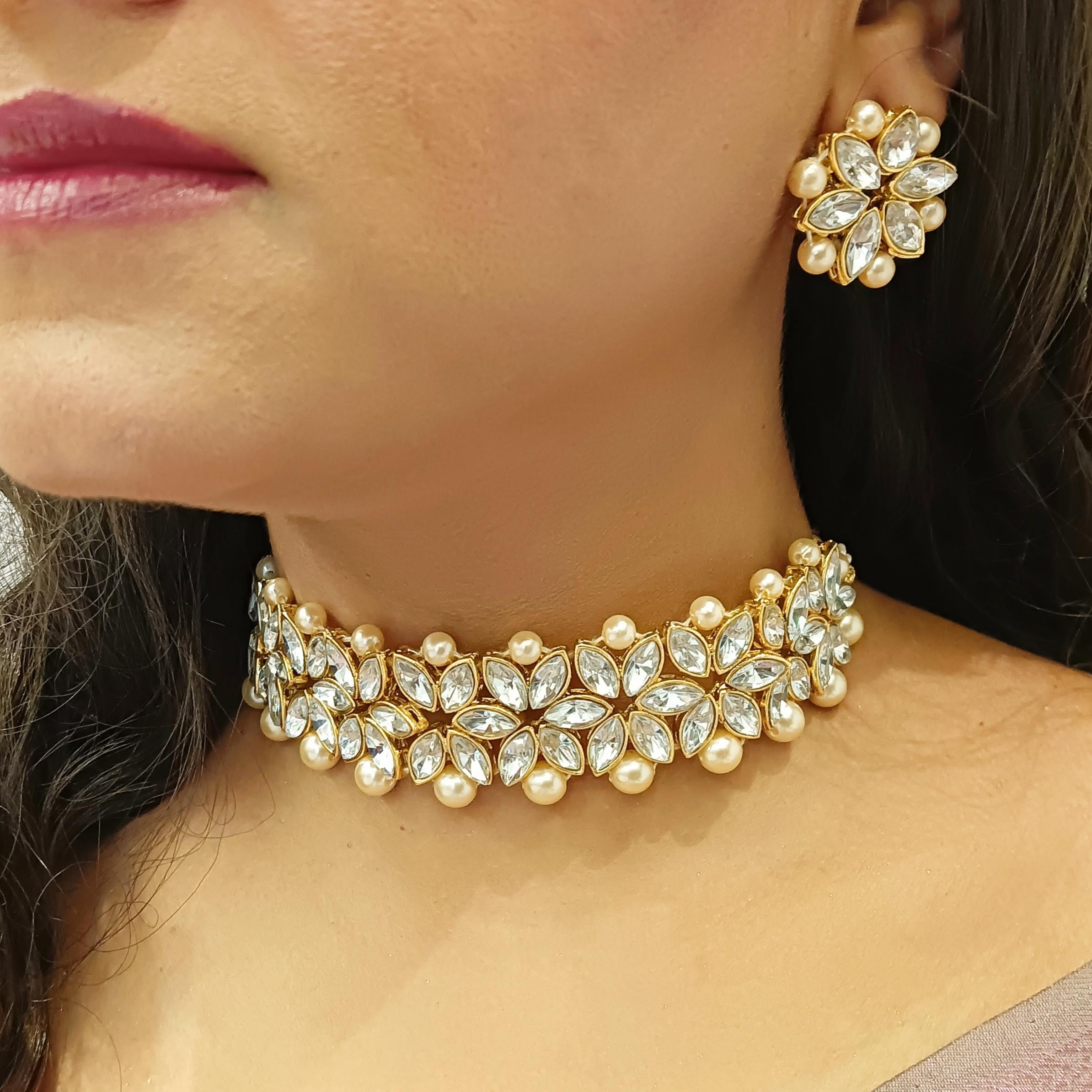 Efulgenz Crystal Pearl Choker Necklace Indian Jewelry Sets for Women Indian Jewelry Faux Pearl Floral Crystal Choker Necklace Stud Earrings Bollywood Wedding Choker Necklace for Women