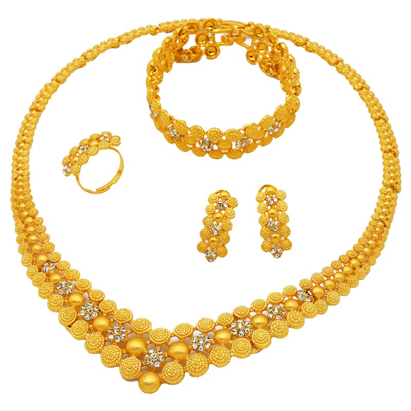 Dubai Women Jewelry Necklace Set 24K Gold Plated Indian Bollywood Bridal Fashion Jewelry 4 Piece Set