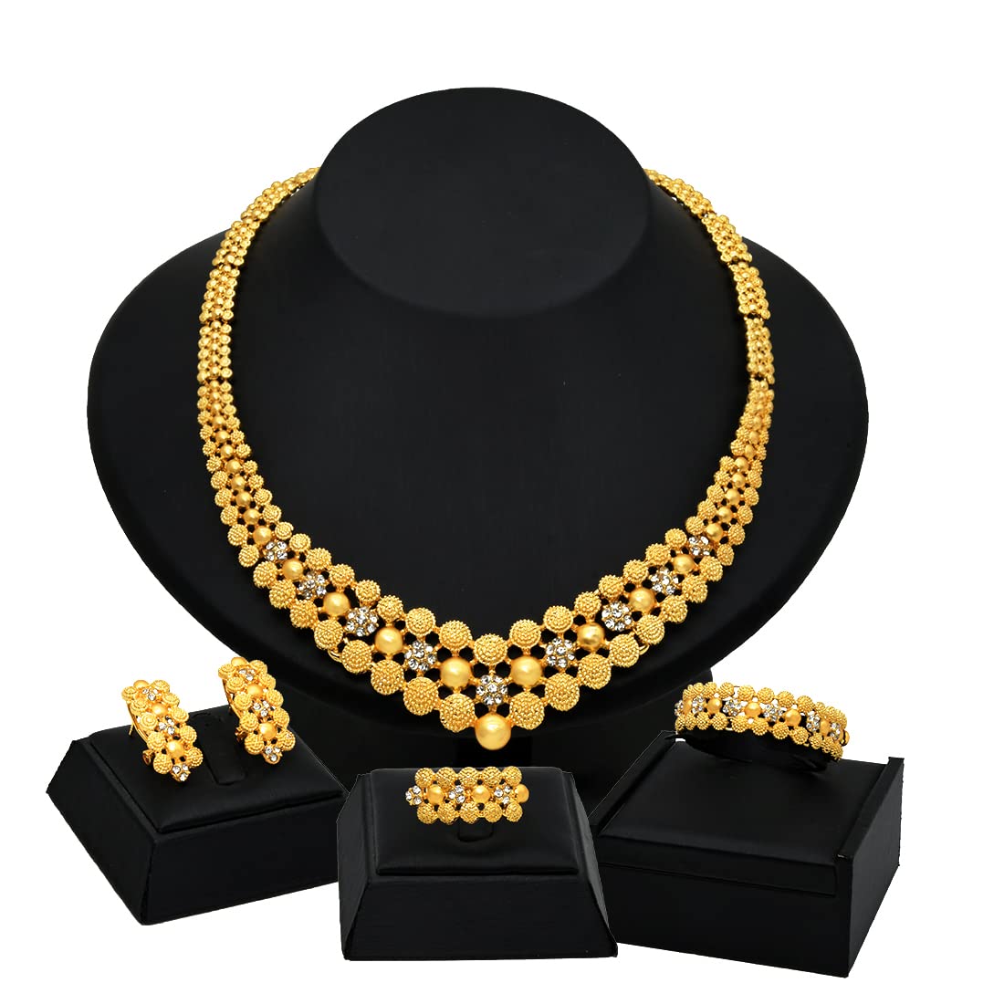 Dubai Women Jewelry Necklace Set 24K Gold Plated Indian Bollywood Bridal Fashion Jewelry 4 Piece Set